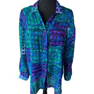 Vtg Gepetto Shirt Women Large Blue Button‎ Front Watercolor Pattern